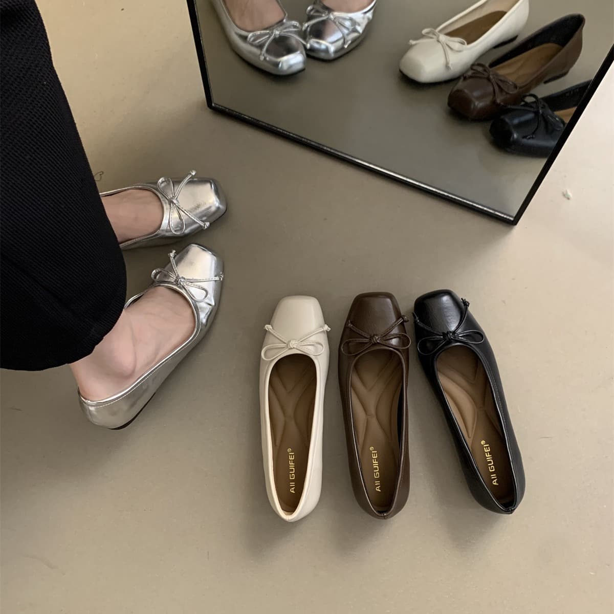 Women's Square-Toe Ballet Flats 2024 Spring/Autumn New French Evening Breeze Elegant Gentle Fairy Flat Grandmother Shoes