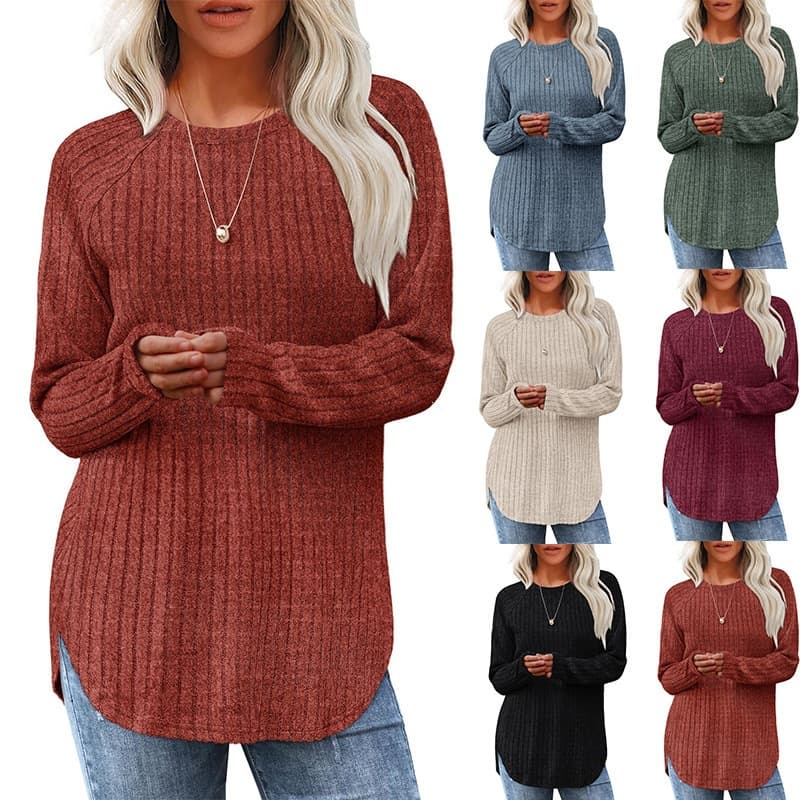 Amazon European and American foreign trade cross-border women's clothing 2025 autumn long-sleeved new style loose round neck high and low curved hem
