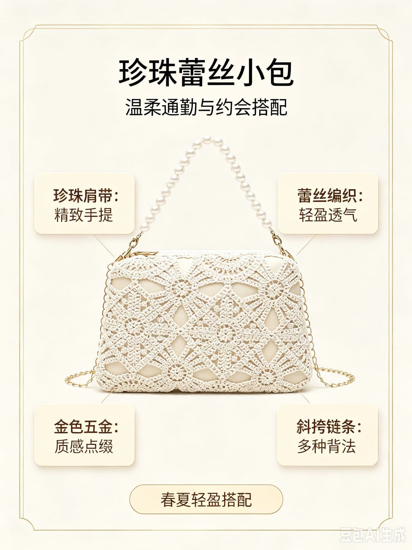Cross-border Lace Crochet Hollow-Out Women's Bag Single Shoulder Crossbody Bag Pearl Chain Small Square Bag Fashion Versatile Woven Bag