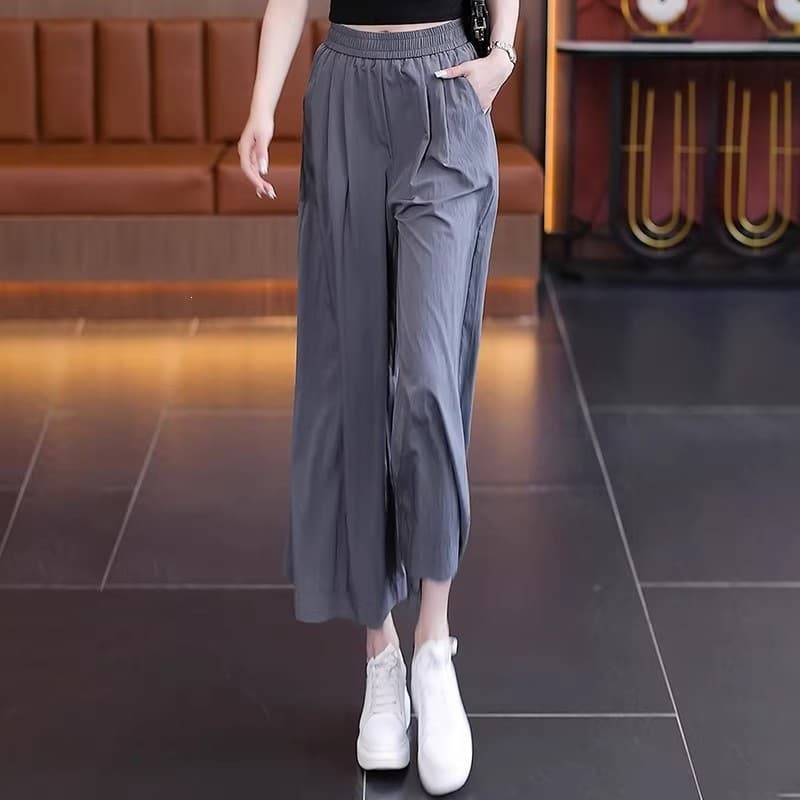 Ice Silk Cropped Wide Leg Pants for Women Summer Thin New High Waist Draping Loose Petite Quick-Dry Skirt Pants