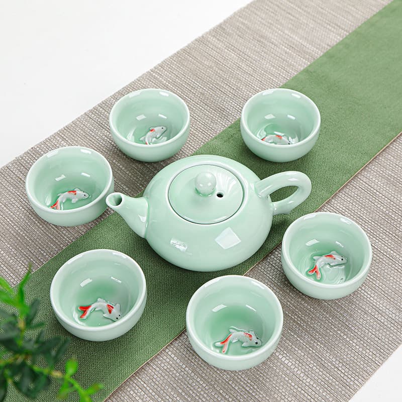 Celadon Carp Pattern Tea Set (1 Pot, 6 Cups) - Wholesale Manufacturer Gift for Events, Complete Tea Set Boxed Souvenir