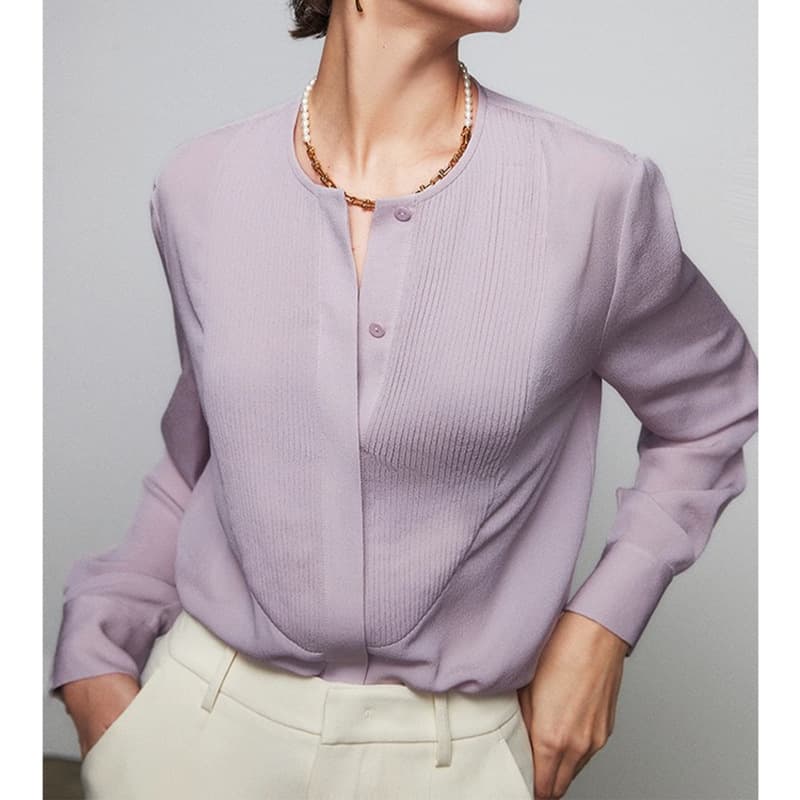In stock factory wholesale purple romantic light vintage round neck blouse slow craft accordion pleats custom spun ghost crepe silk