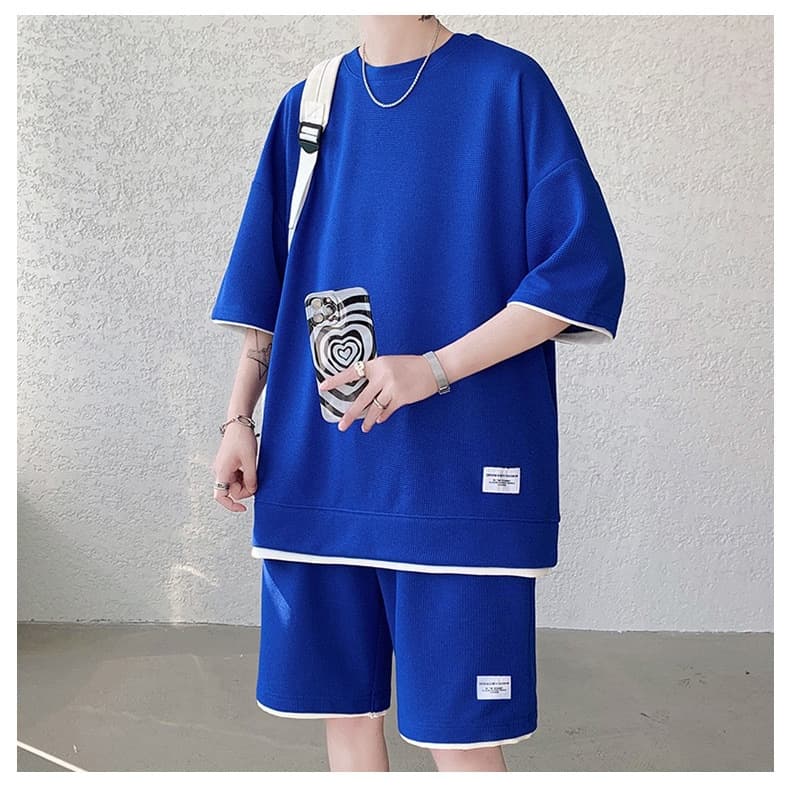 Factory Wholesale Waffle Shorts Set Men's Summer Short Sleeve Men's Wear Matching Set Trendy Casual Sportswear