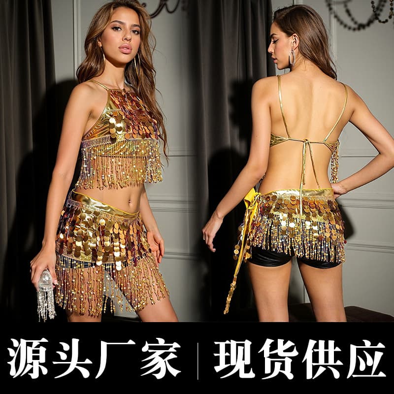Cross-border Party Costume Belly Dance Set, Indian Dance Hip Scarf, Sequined Fringe Performance Hip Scarf