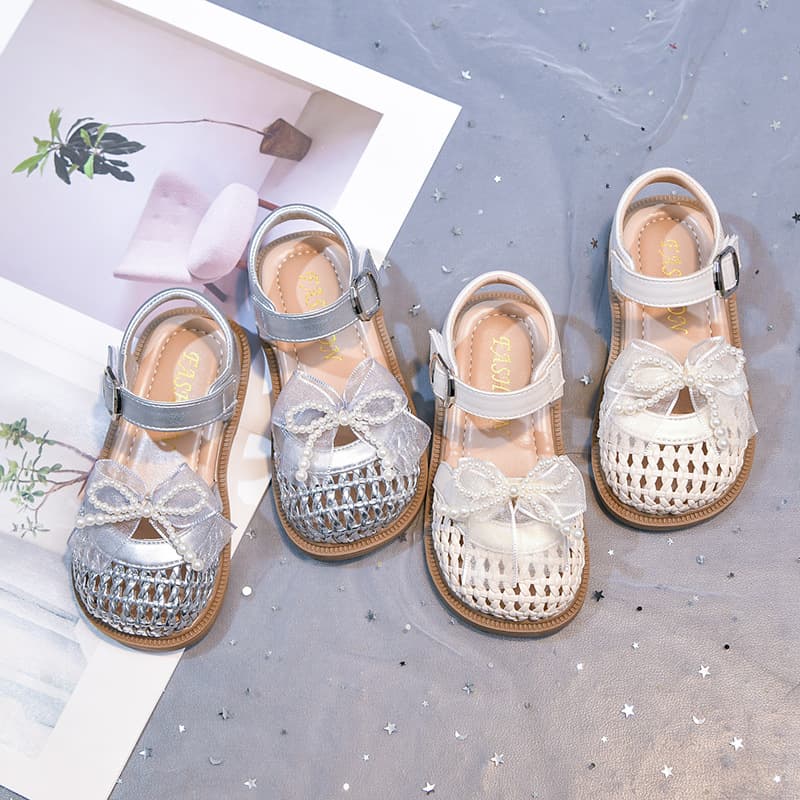 Girls' Lace Bow Woven Hollow Sandals 2026 Summer New Children's Closed-Toe Beach Sandals