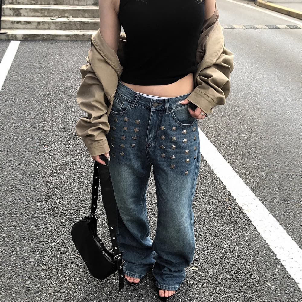 Rivet decorative design washed distressed jeans for women washed scratches loose wide-legged floor-length trousers trendy