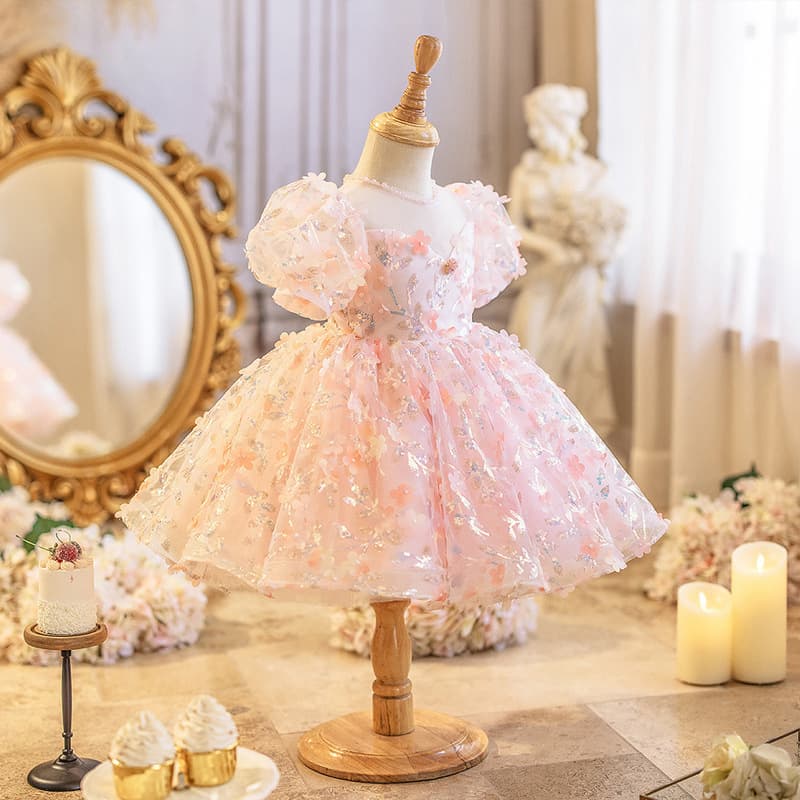 Flower Fairy Girls Princess Dress Baby Birthday Party Pink Tulle Skirt Little Girl Model Catwalk Performance Costume
