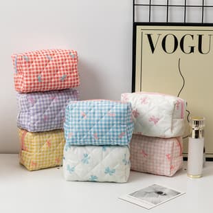 Cross-Border New Plaid Bow Large Capacity Handheld Cosmetic Bag Coin Purse, Portable Fresh Korean-Japanese Style for Students
