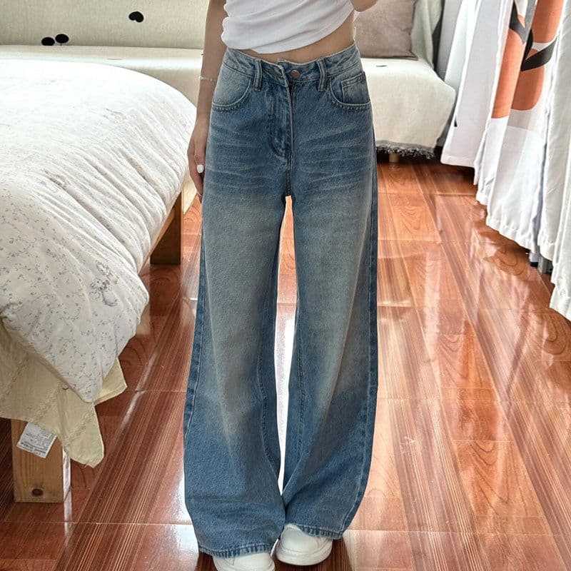 Vintage Plus Size Washed Crease Wide Leg Jeans for Women American High Waist Loose Straight Leg Faded Floor-Length Pants