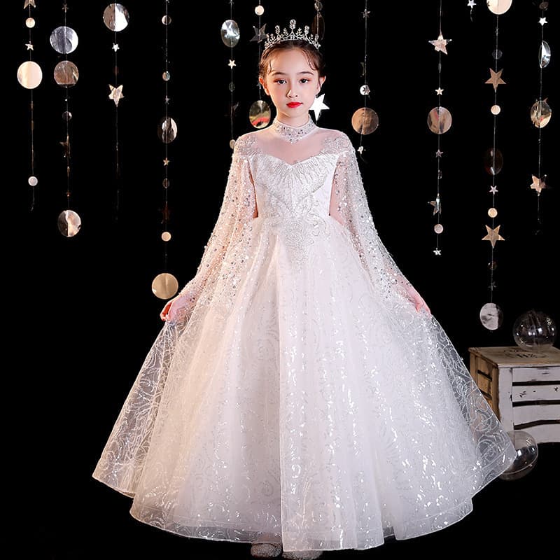 Girls Princess Dress 2026 Summer New Style Simple Long Sleeve Children Birthday Host Piano Performance Dress