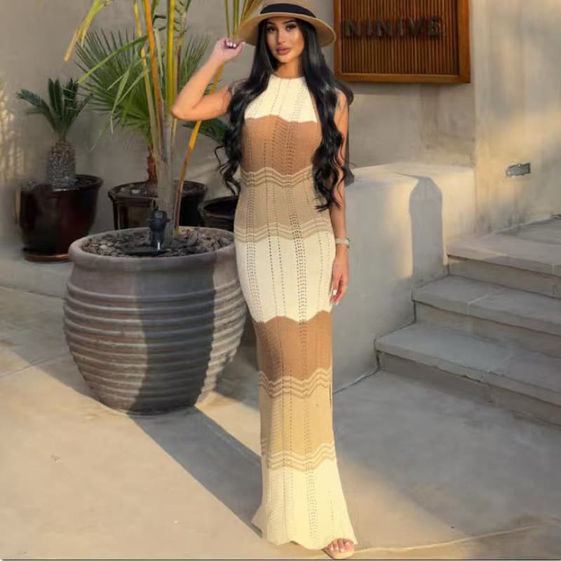Autumn New Dress Chestnut Color Contrast Stripe Backless Half High Neck Sleeveless Waist-Hugging Simple Bodycon Knit Dress