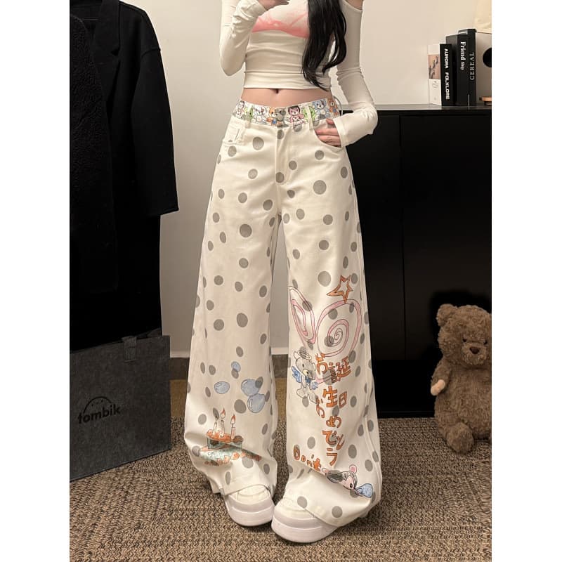 Women's Polka Dot Graffiti Bear Print Pants, Spring and Summer, Light Asian Style, Patchwork, Slimming Effect