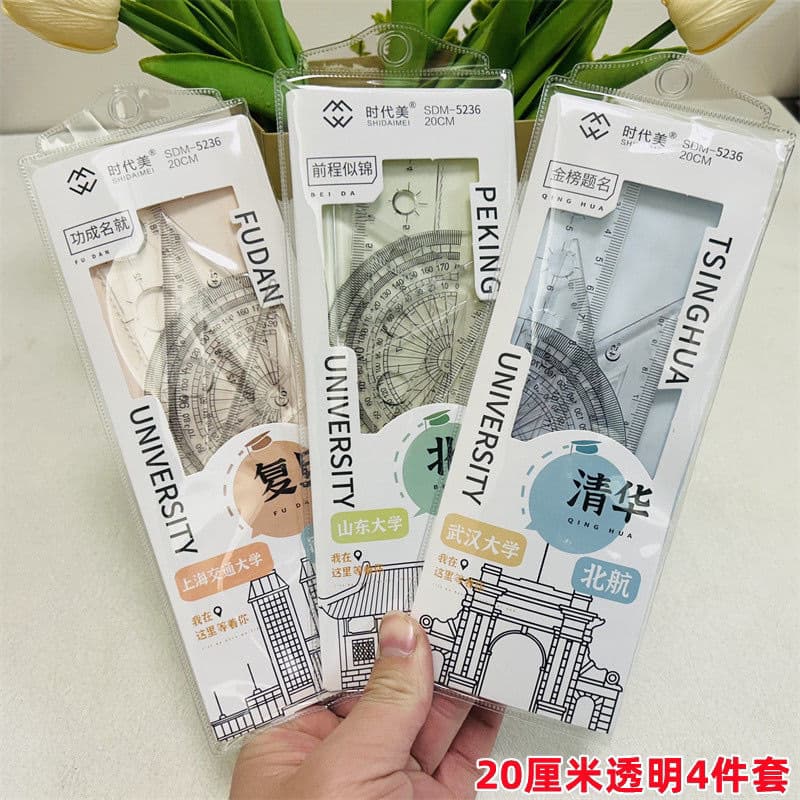 4-Piece Ruler Set 20cm Transparent Straight Ruler Protractor Triangle Ruler Learning Exam Drawing Supplies Stationery Rulers