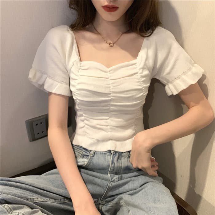 Cross-Border Supply - Accepting Orders - Affordable Tops, Short-Sleeve Base Layer Shirts, Pleated Knit Short Styles
