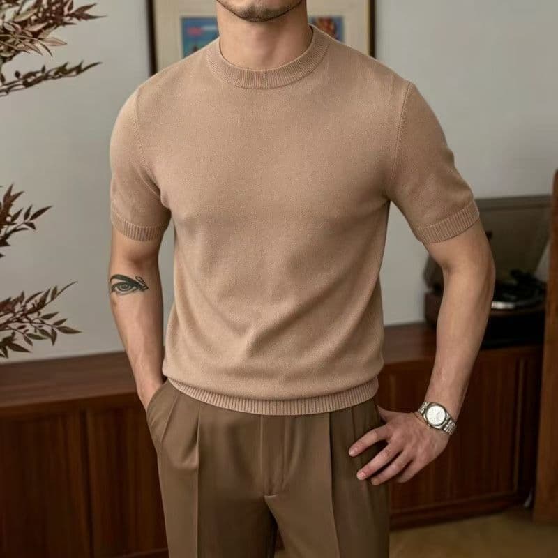 Popular men's solid color slim sweater, round neck couple's casual and versatile new bottoming shirt, short-sleeved sweater