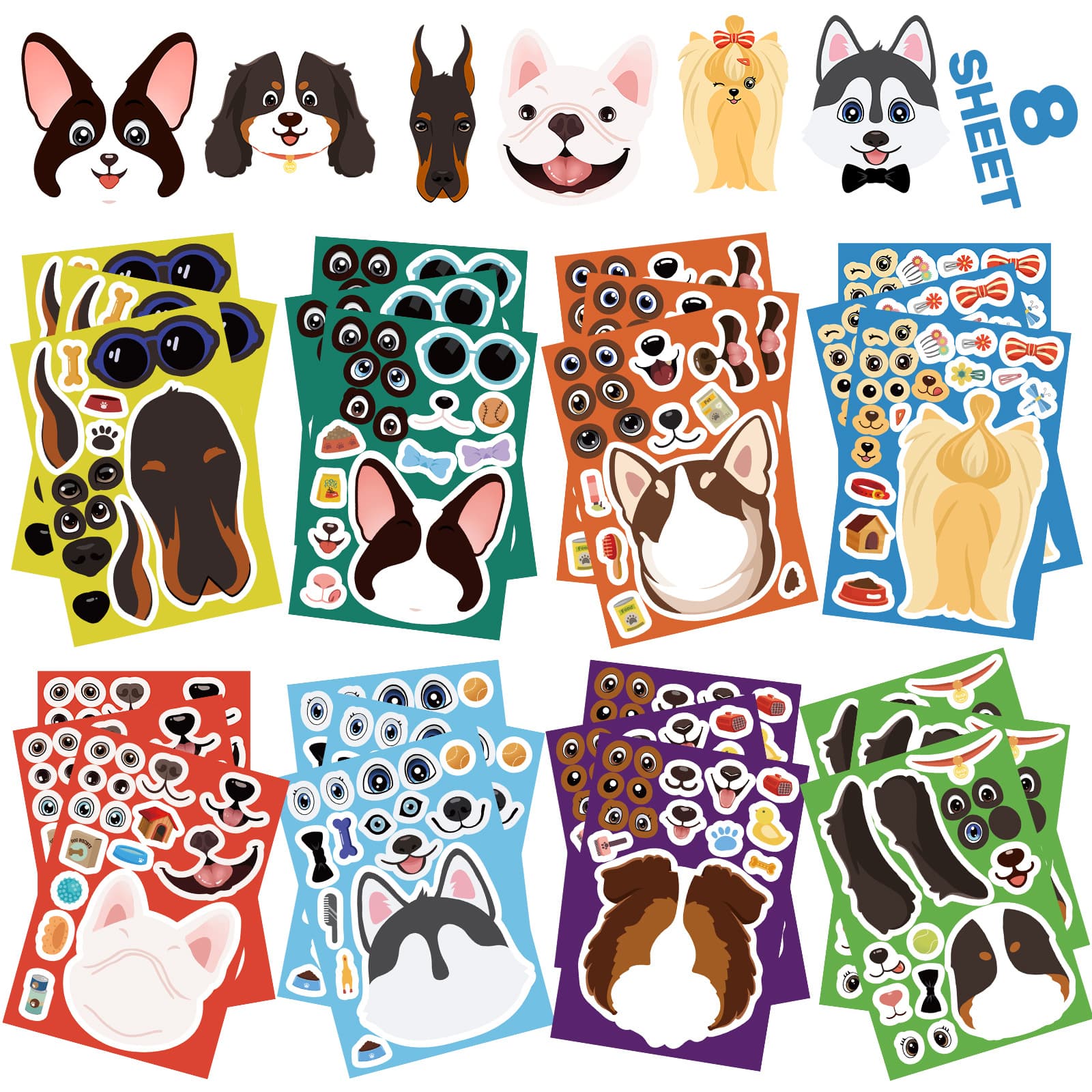 8 Sheets Cartoon Fun Dog Make a Face Stickers for DIY Journal Notebook Luggage Decoration