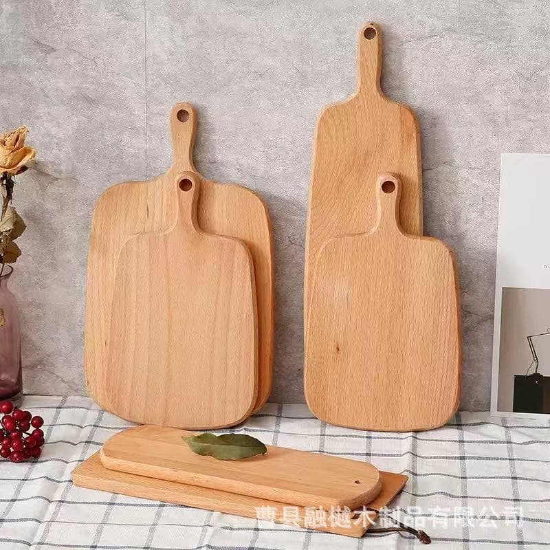 Wooden Fruit Snack Tray with Handle, Solid Wood Kitchen Cutting Board, Beech Wood Steak Plate Pizza Tray