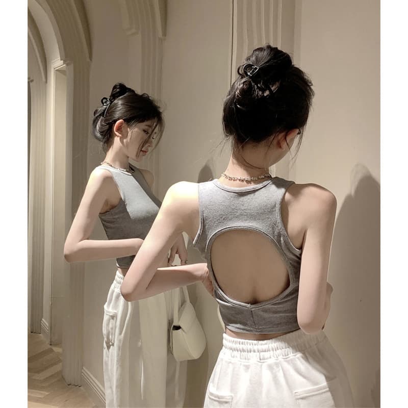 Gray Racerback Camisole Tank Top for Women with Padded Bra, Summer Trendy Inner or Outer Wear, Short Sleeveless Backless Top