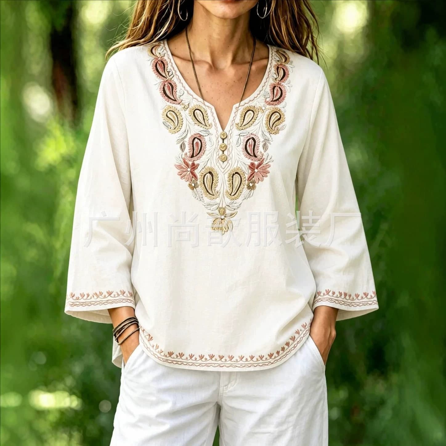 EU-US Cross-Border 2026 Summer New Chinese Style Loose Long Sleeve Pullover Top Lightweight Women's T-Shirt Blouse