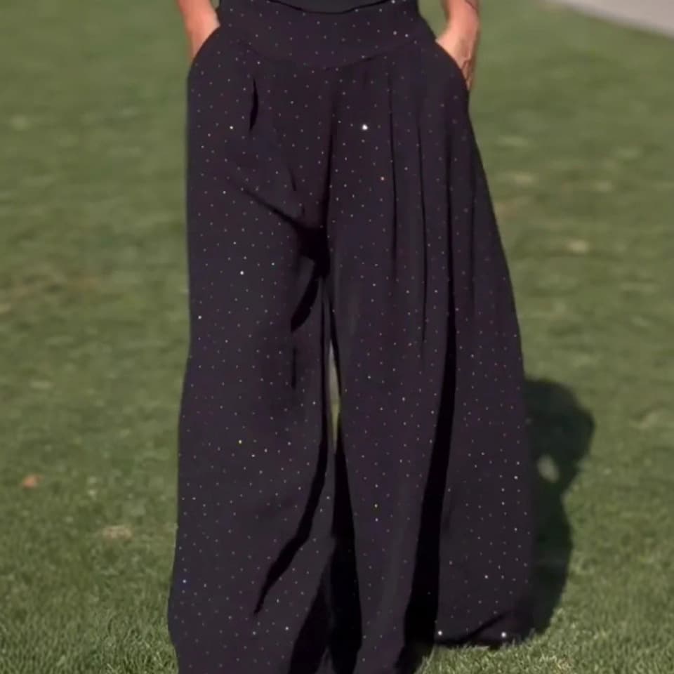 2025 Amazon European and American Ultra-Wide Wide-Leg Pants High-Waisted Casual Suit Pants Trendy Hot Rhinestone Polka Dot Floor-Length Pants