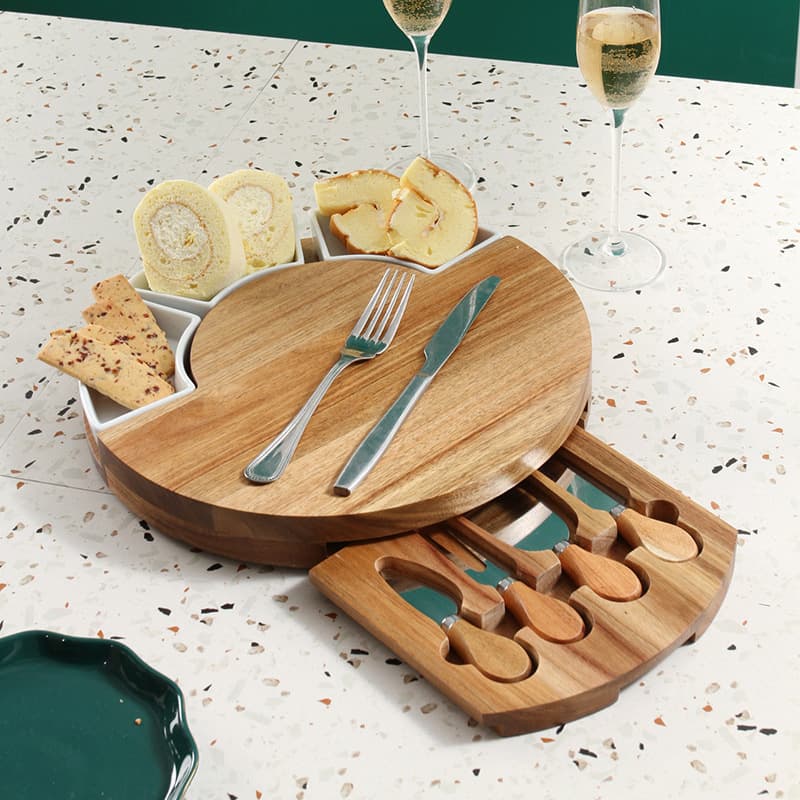 Custom Acacia Wood Cheese Board Set Kitchen Ceramic Knife Fork Board Western Dining Cutting Board Fruit Cheese Bread Pizza Board