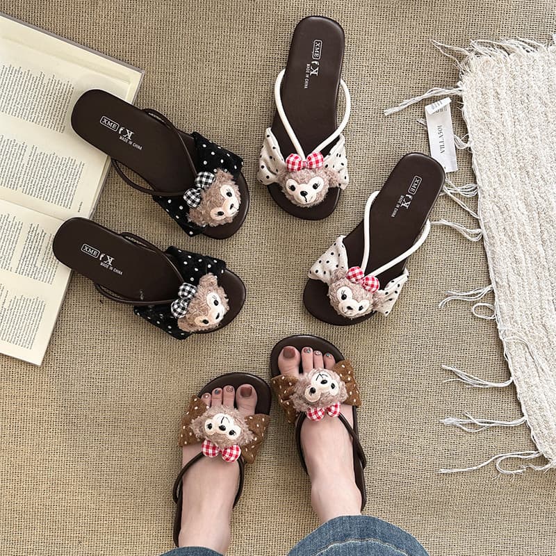 Cute cartoon bear flip-flops for women 2026 summer fashion polka dot casual outer wear thick-soled versatile casual sandals