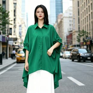 Custom 2026 New Korean Style Loose Raglan Sleeve Green Shirt Women Flowing Drape Top Versatile Fashion Blouse