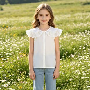 Summer Girls Soft Style White Blouse with Lace Ruffle Peter Pan Collar Sleeveless Top Korean Chic Photoshoot Shirt