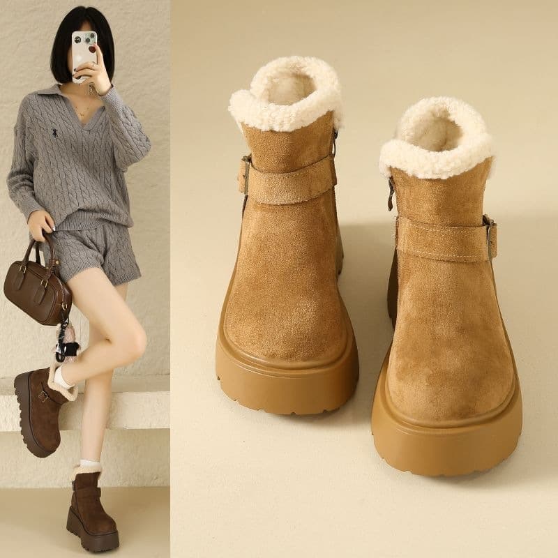 Thick-Soled Platform Snow Boots for Women 2026 Winter New Arrival Fleece-Lined Short Boots for Petite Women Chunky Warm Cotton Shoes