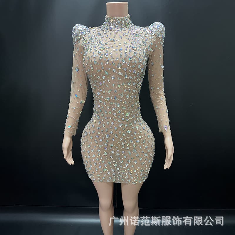 Premium Sparkling Rhinestone Sexy Bodycon Dress Women's Stage Performance Outfit Nightclub Go-Go Dancer Party Gown