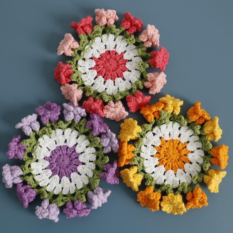 Sweet handmade crochet lily of the valley coaster, cute four-petal wool woven round mat, ready-made decorative pad in stock
