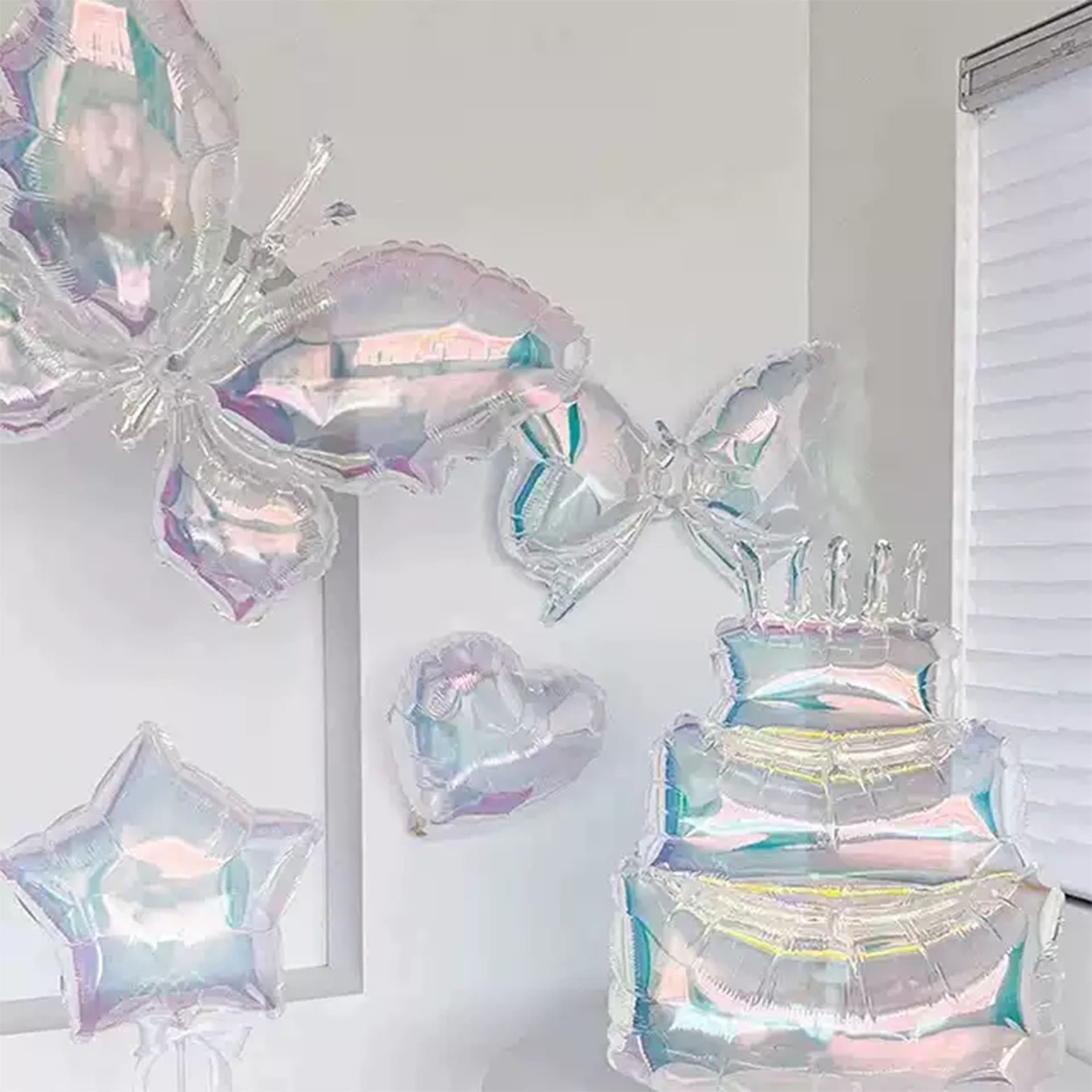 Iridescent Laser Butterfly Heart Cake Balloon Birthday Party Photo Prop Decoration Background Wall Decor