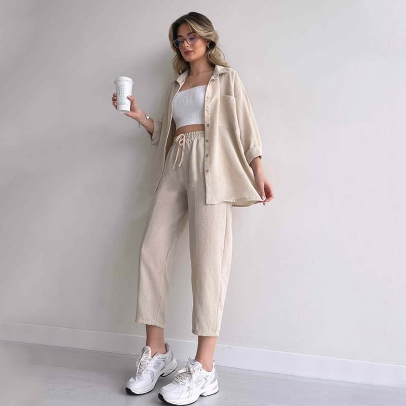 European and American Plus Size Women's 2024 Spring New Casual Loose Shirt Jacket and Cropped Harem Pants Two-Piece Set