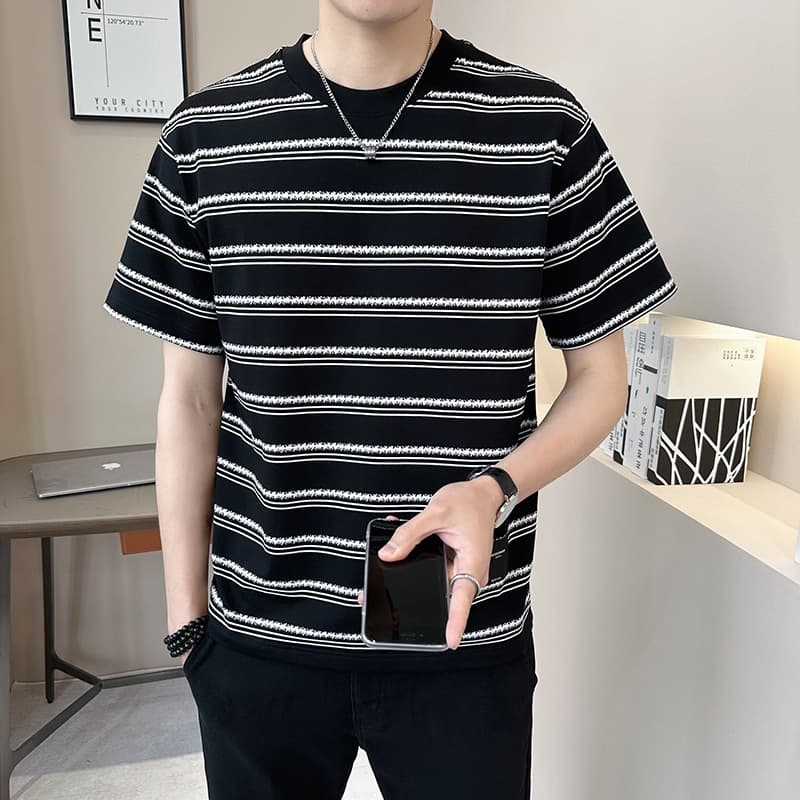 Summer Youth New Striped T-Shirt Short Sleeve Round Neck Loose Fit Men's Student Couple Trendy Casual Versatile Affordable