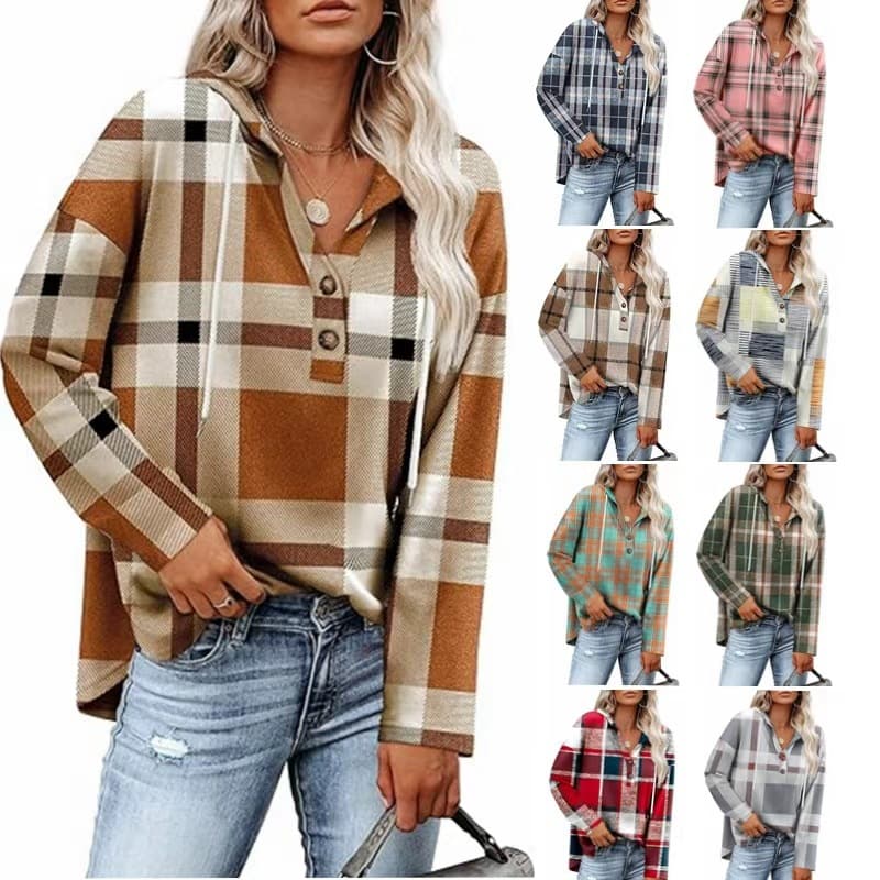 2025 Euro-American Foreign Trade Cross-Border Women's Clothing Amazon Hot-Selling V-Neck Button Hooded Plaid Long Sleeve Pullover Hoodie