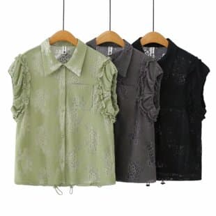 2026 Summer Korean Style New Top Plus Size Design Lace Trim Hem Drawstring Short Sleeve Blouse 111