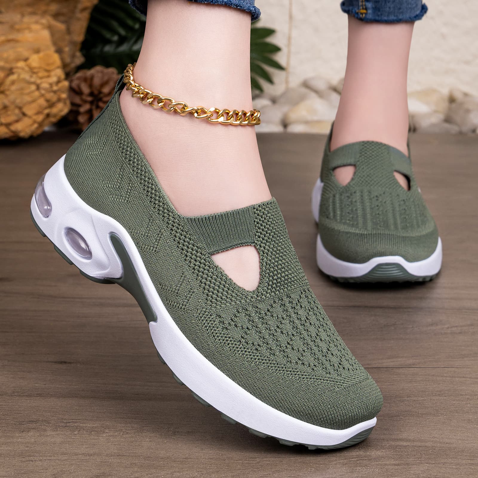 Women's Spring Knitted Mesh Shoes, Slip-on Thick Sole Breathable Casual Shoes, TEMU Soft Sole Air Cushion Shoes