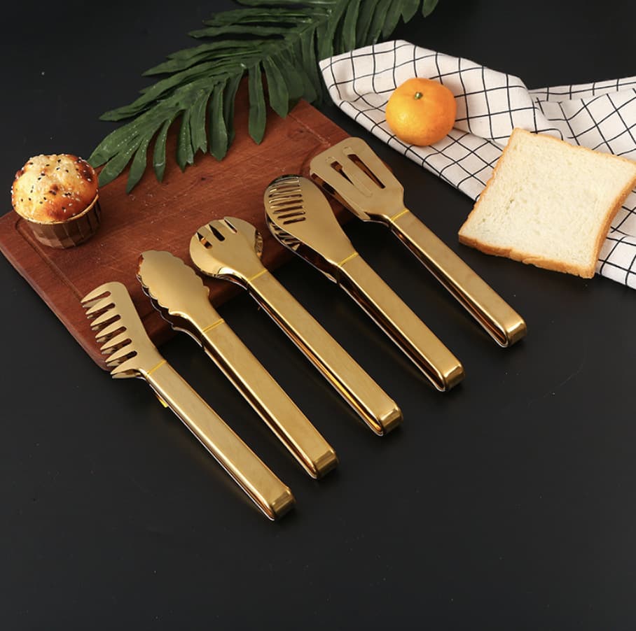 Stainless Steel Gold-plated Food Tongs Baking Bread Tongs Outdoor BBQ Tongs Buffet Food Tongs 9-inch