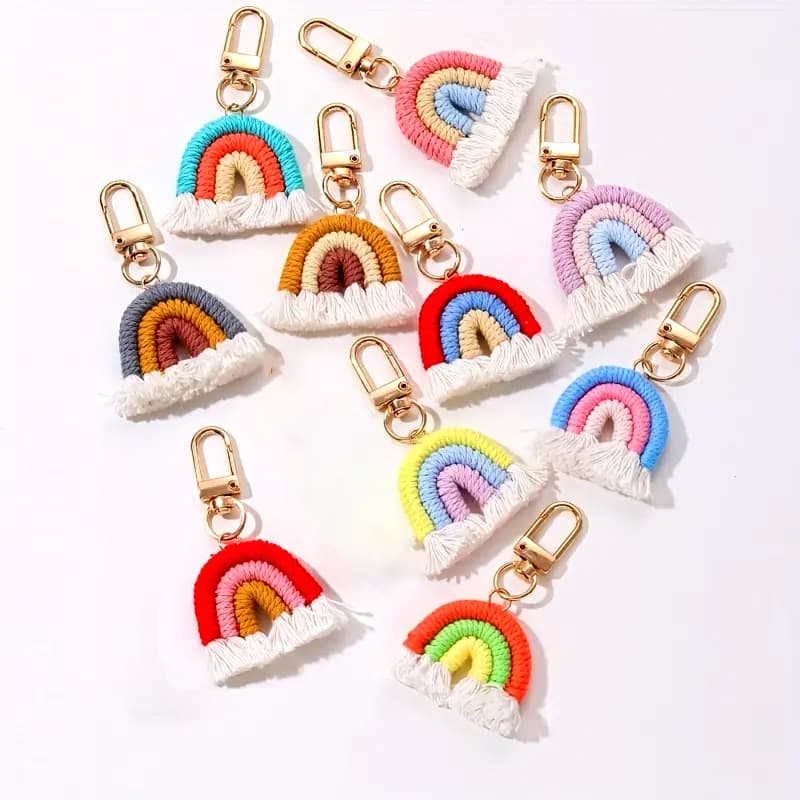 Handwoven Mini Rainbow Keychain Cute Small Car Key Accessory Women's Romantic Aesthetic Style Zinc Alloy Cotton Thread Keyring