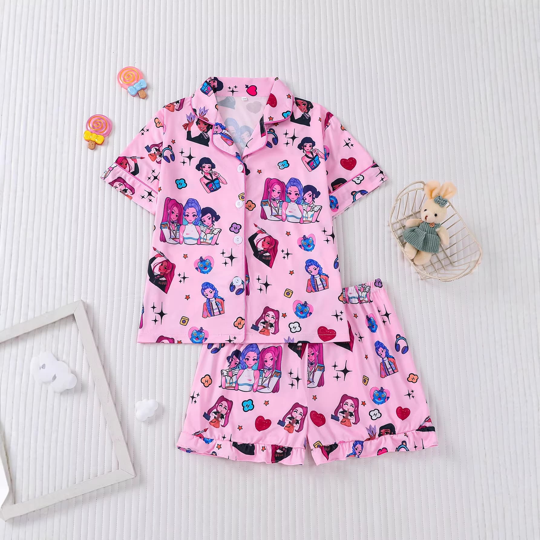 New Cross-Border Trade Four-Season Girls Pajama Set Short Sleeve Short Pants Cardigan Print Kid Pajama