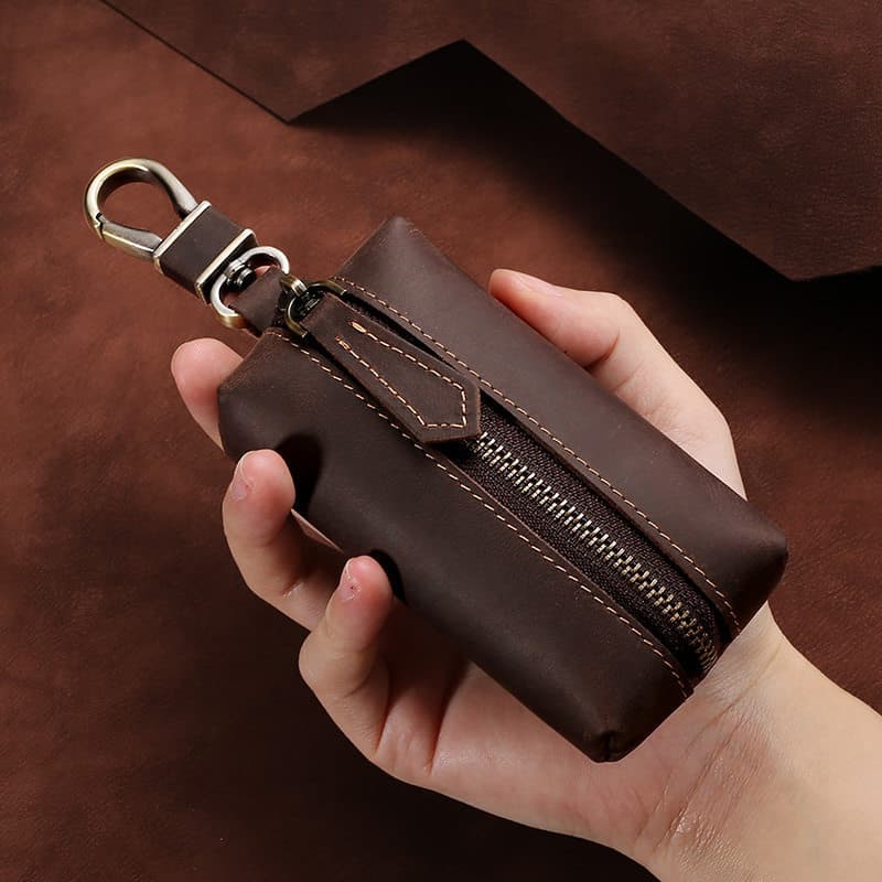 Men's Vintage Handmade Genuine Leather Key Holder Crazy Horse Top Layer Cowhide Buckle Key Case Large Capacity Multi-Functional Wholesale