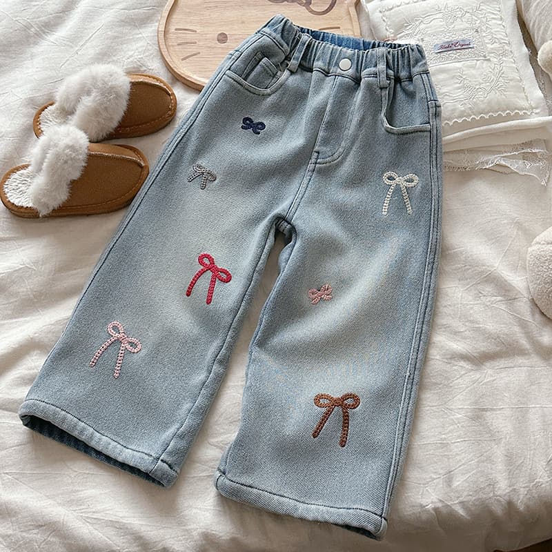 Girls' Winter Polar Warm Fleece Versatile Bow Jeans 2025 New Kids Wear Thickened One-Piece Fleece Pants