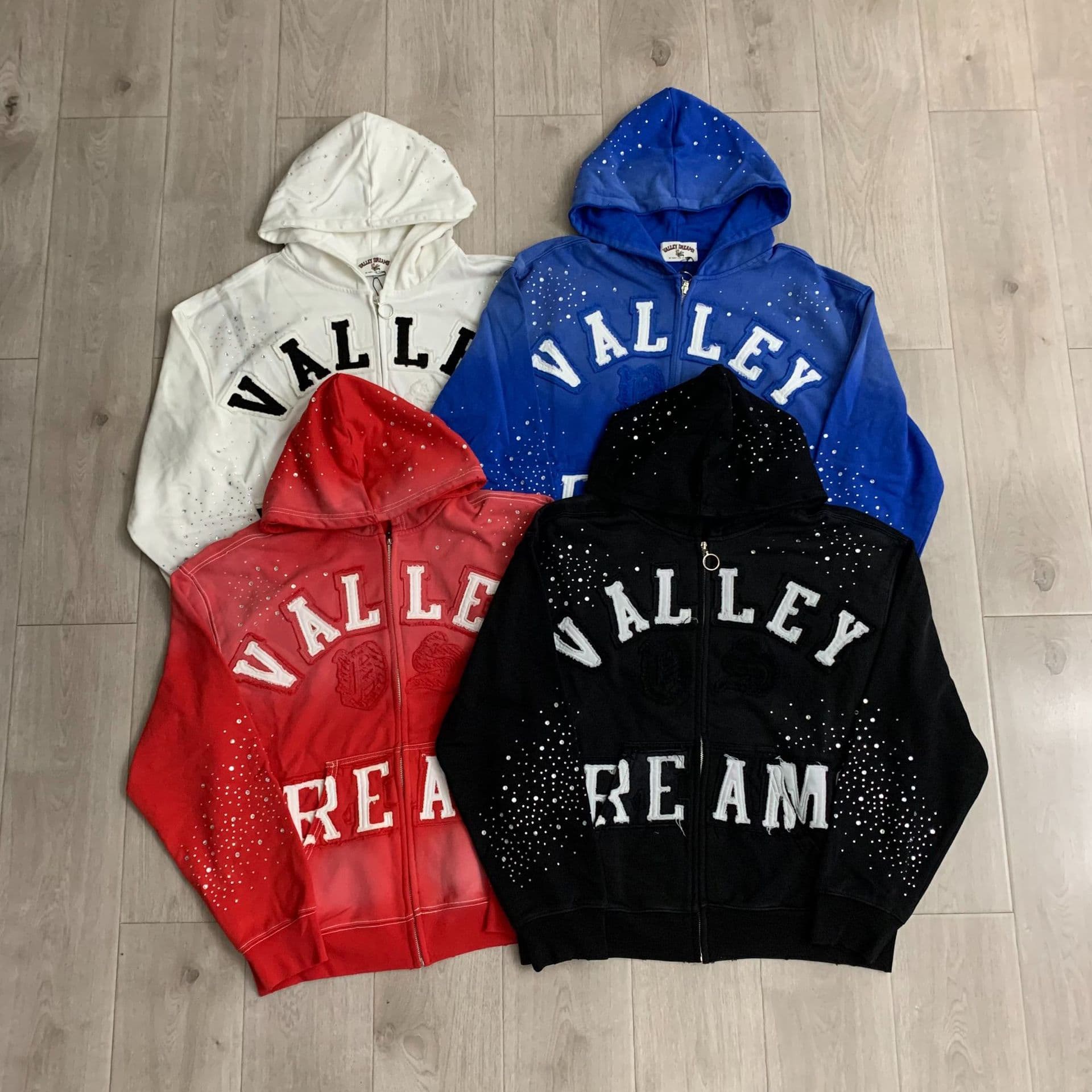 Vale Classico Black Zip-Up Hoodie with Applique, Rhinestone, Washed, and Distressed Details