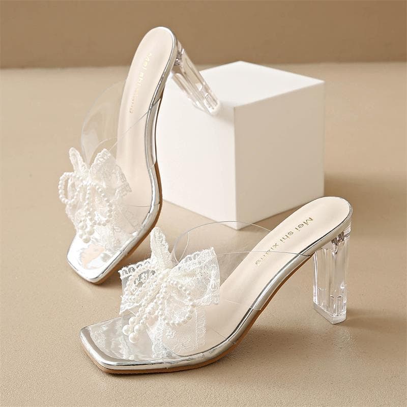 Transparent High Heel Sandals for Women 2026 Summer New Arrival Export Beaded Lace Bow Square Toe Chunky Heel Slippers