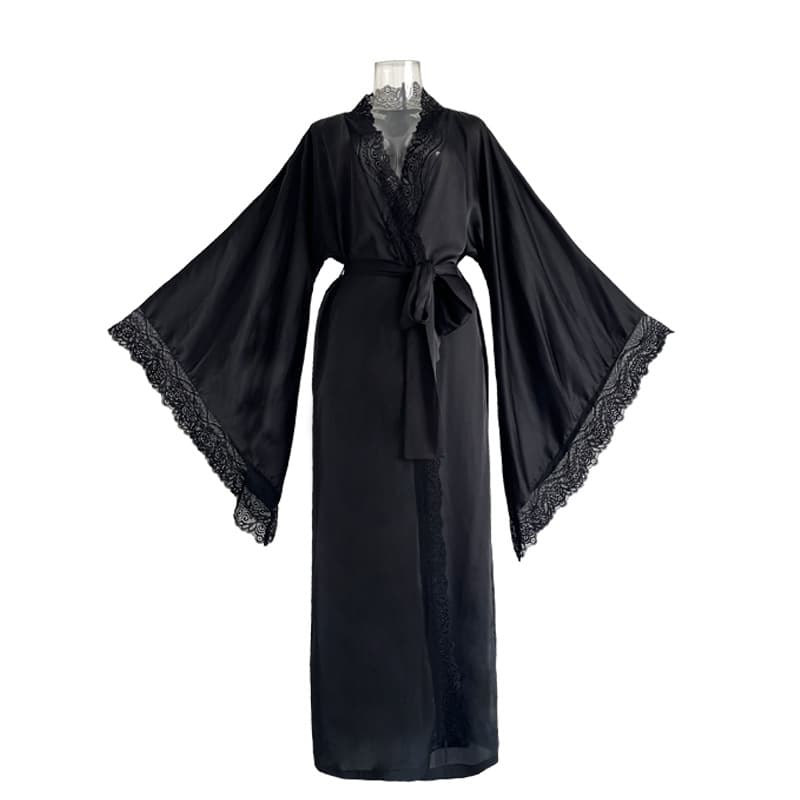 Feiyun Cross-border New Satin Pajamas for Women Lace Light Luxury Long Sleeve Cool Feeling Robe Bathrobe Homewear Women 336
