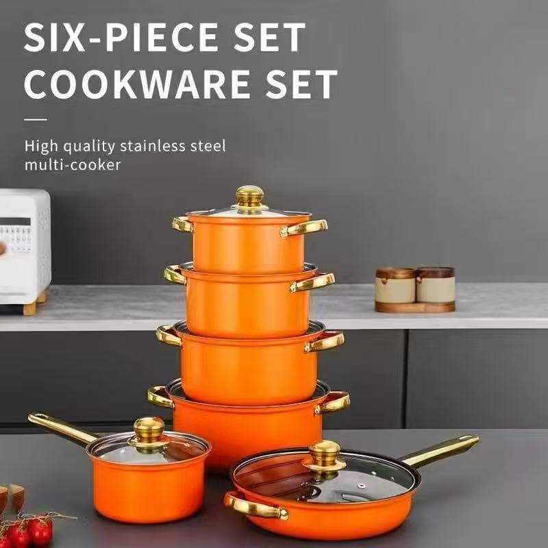 Cross-border 12-Piece Cookware Set Stainless Steel Milk Pot, Soup Pot, Frying Pan Combination with Gold-Plated Handles