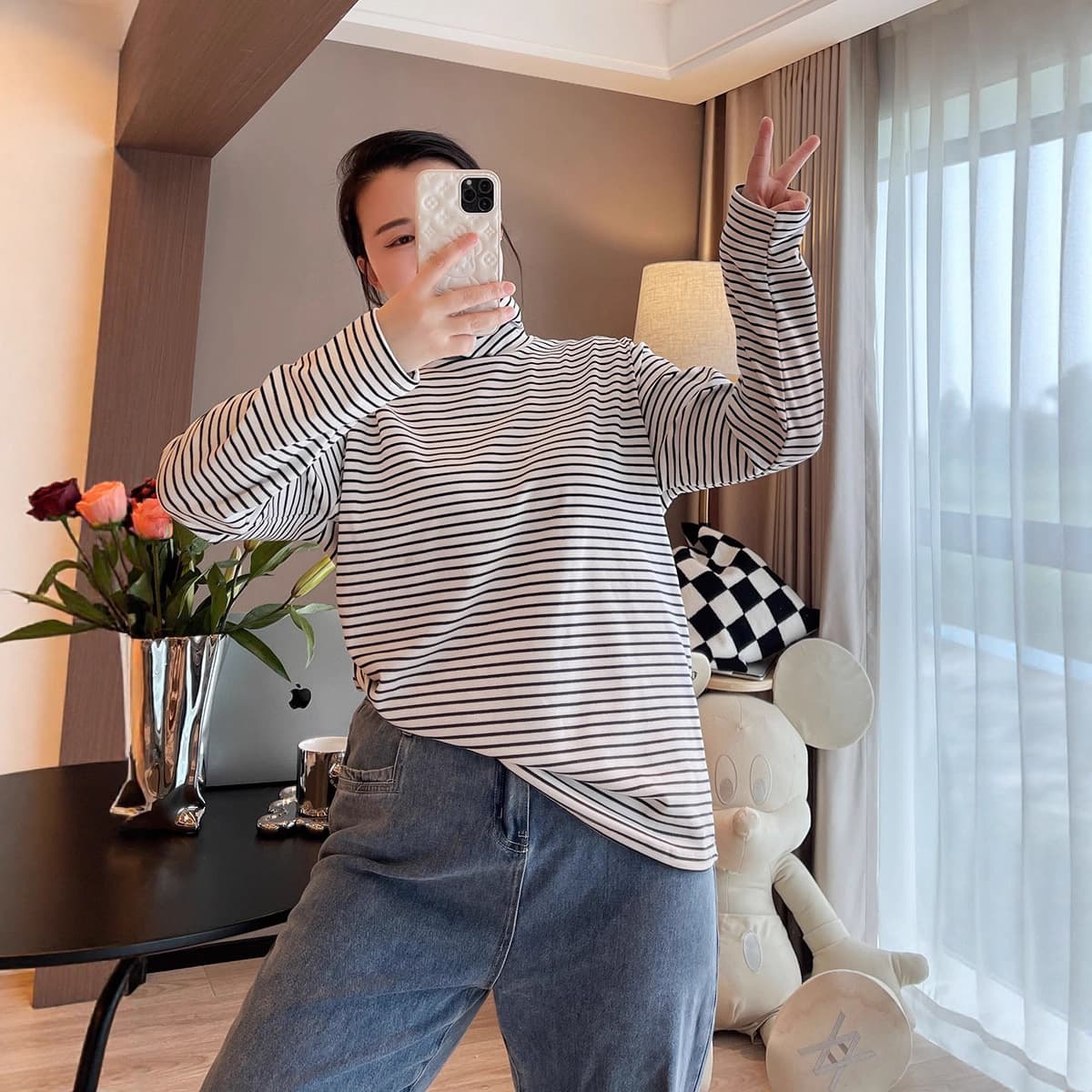 Retro contrast striped turtleneck bottoming shirt for women in autumn and winter new slim fit inner layer with thin velvet thickened long-sleeved top