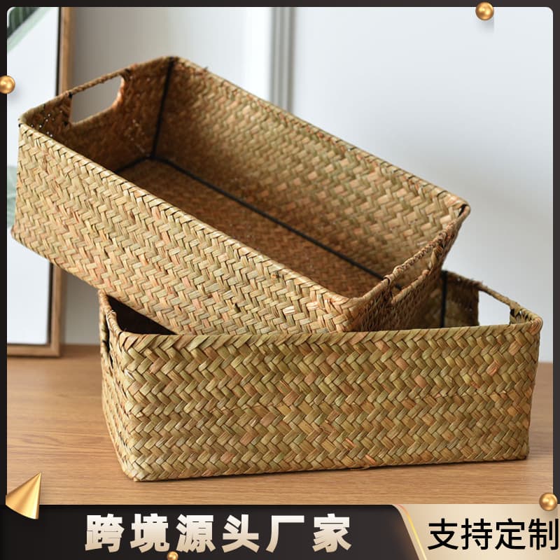 Handwoven Rectangular Storage Basket Organizer Grass Wicker Basket Bamboo Woven Basket Decorative Rural Style Plant Fiber Basket