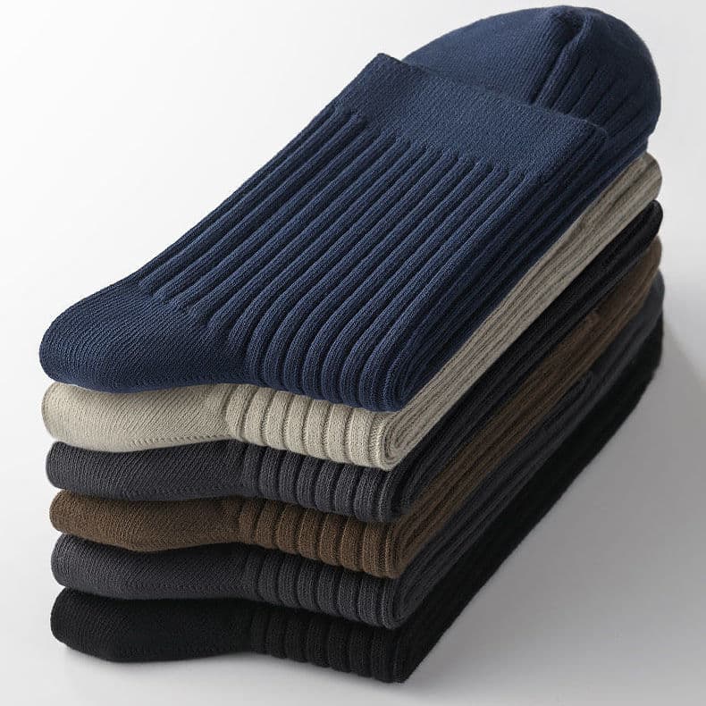 Men's autumn and winter mid-calf thickened long socks with vertical stripes, sweat-absorbent and odor-resistant, black business socks, classic vertical striped socks.