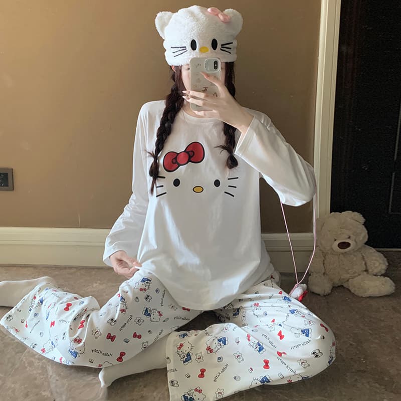 Japanese ins style long-sleeve pure cotton pajamas for women, spring and autumn new cartoon cute homewear set two-piece set, can be worn outside
